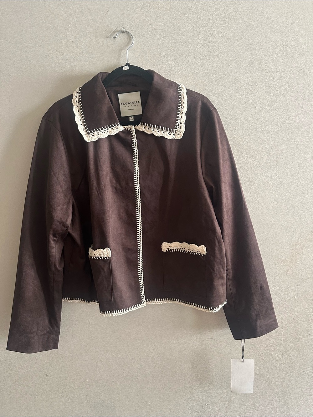 ✨bagatelle Dark Brown Leather Jacket with Cream Crochet Trim NWT Size 1X